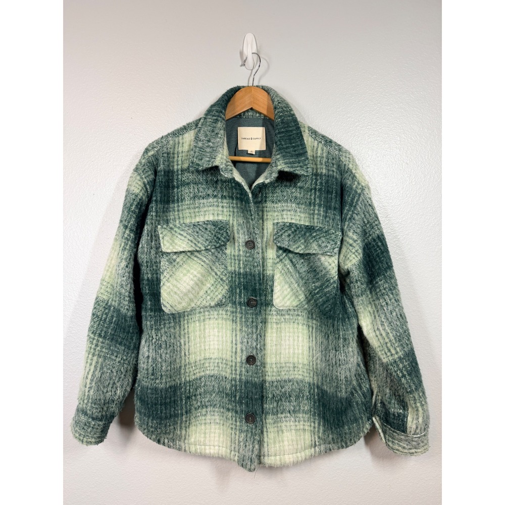 Thread & Supply Shacket Jacket Women's Sz Medium‎ Green Plaid Button Front